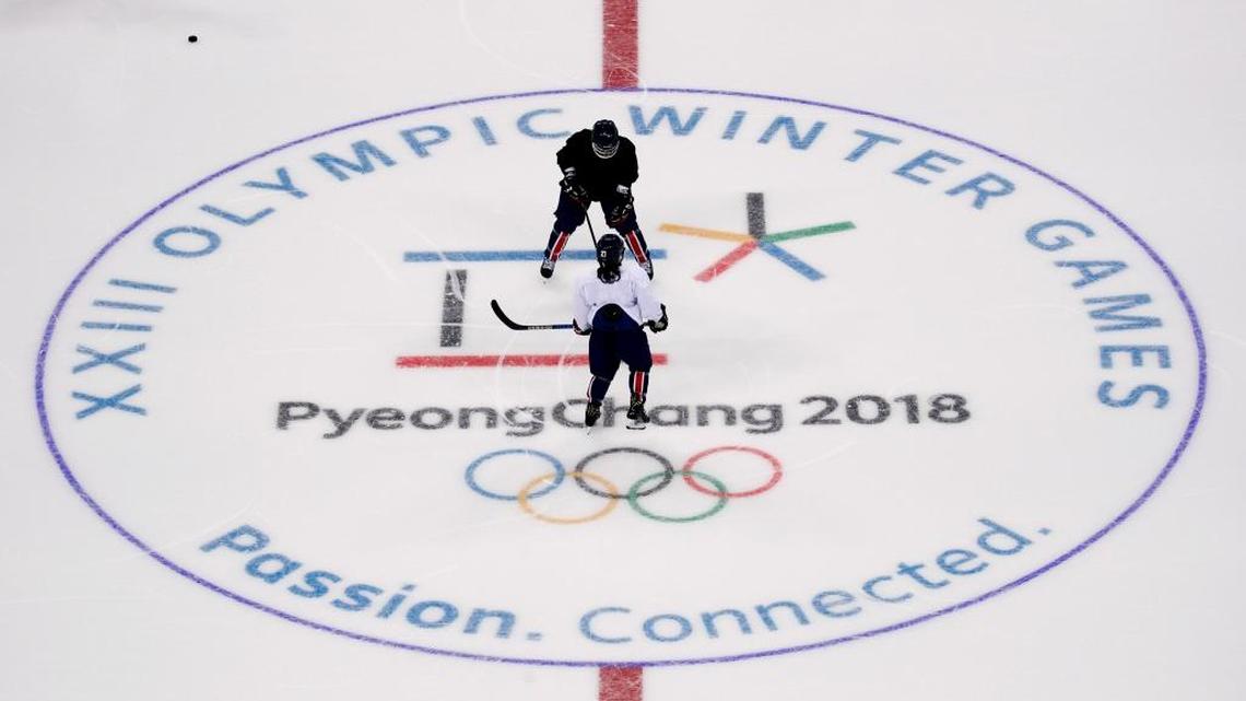 The joint Korean women's ice hockey players train prior to the 2018 Winter Olympics in Gangneung, South Korea, Monday.
